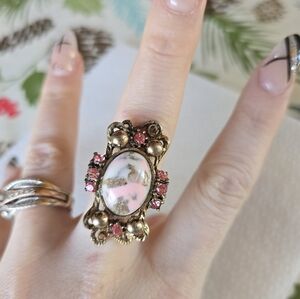 1930s Pink Cabochon Gold Tone Rhinestone Adjustable Ring